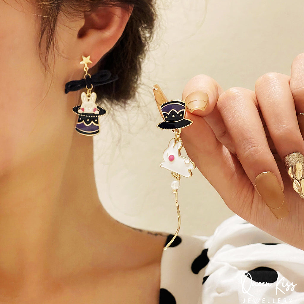 Super Cute Purple Bunny and Hat Love Earrings -- Magical Life!!