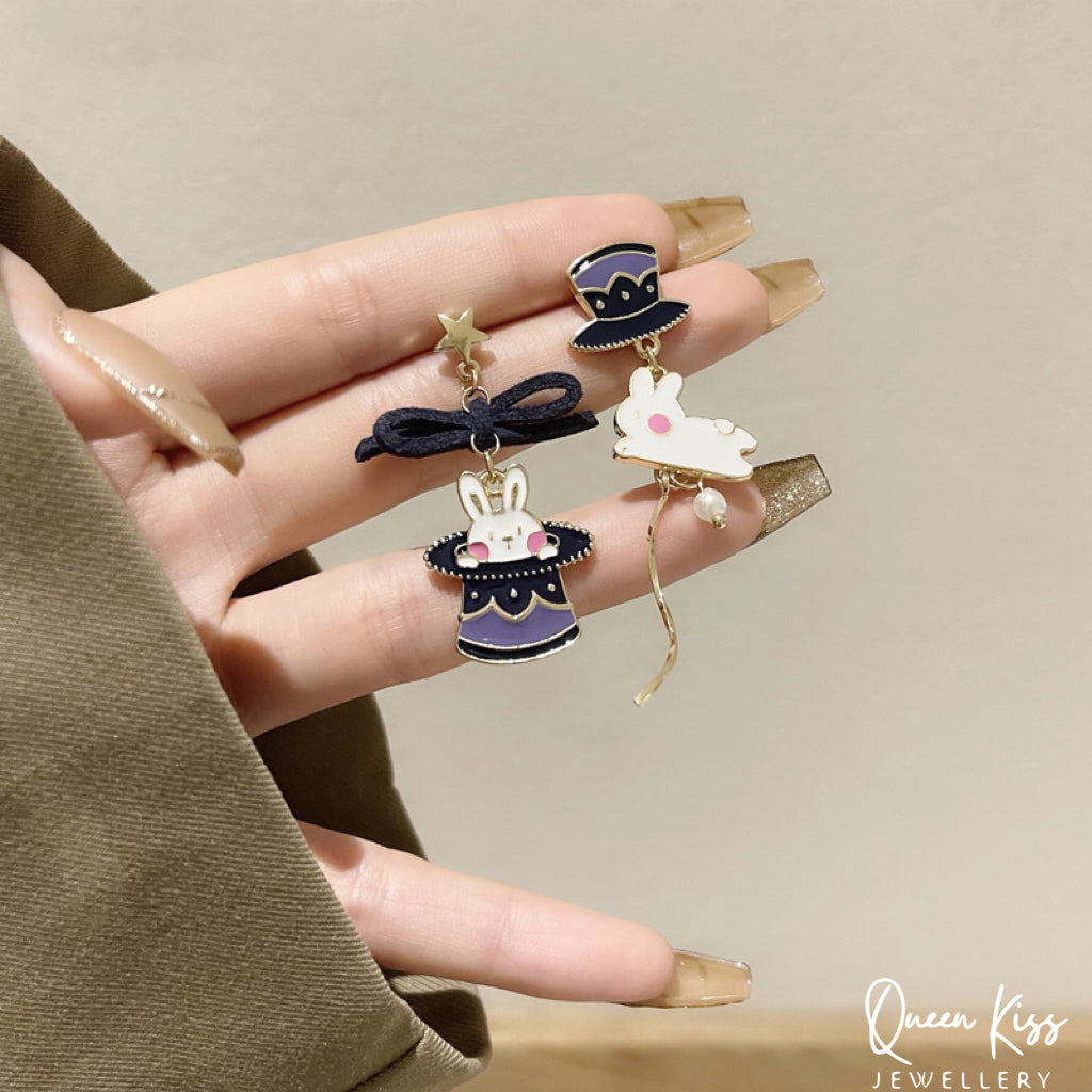 Super Cute Purple Bunny and Hat Love Earrings -- Magical Life!!