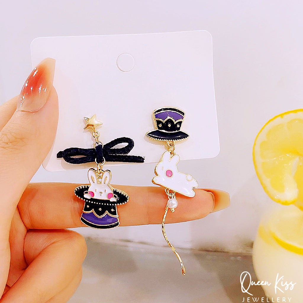 Super Cute Purple Bunny and Hat Love Earrings -- Magical Life!!