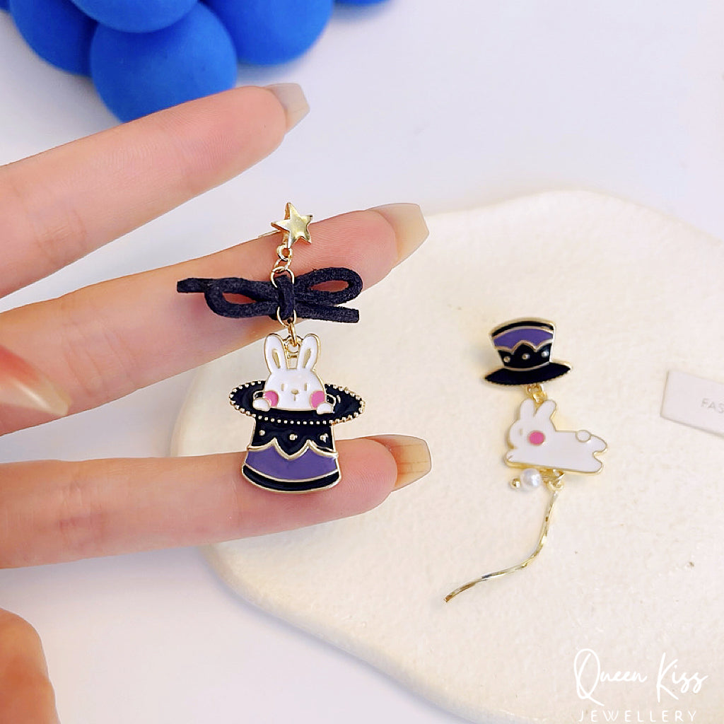 Super Cute Purple Bunny and Hat Love Earrings -- Magical Life!!