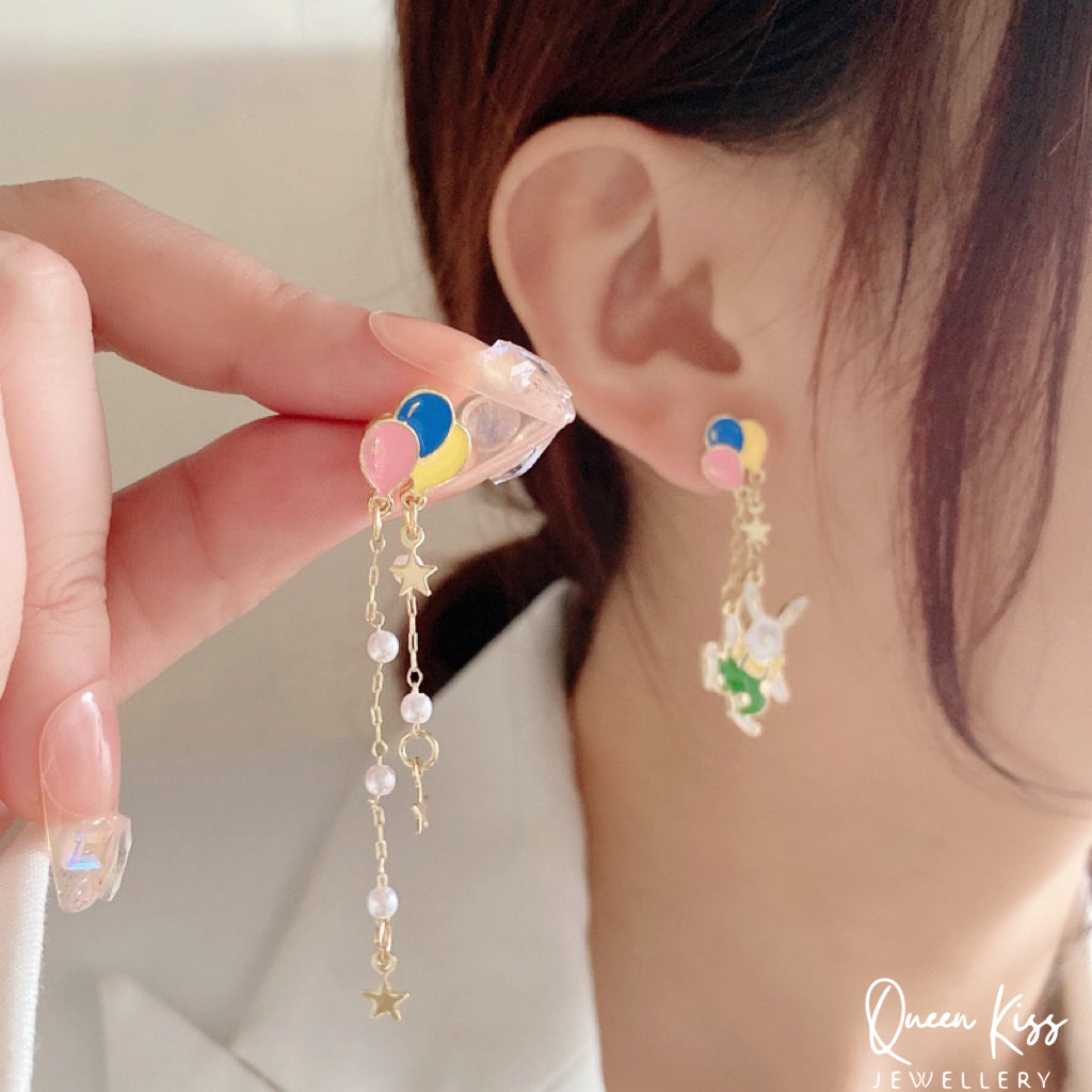Super Cute Rabbit Bunny and Ballons Earrings -- By Your Side!!