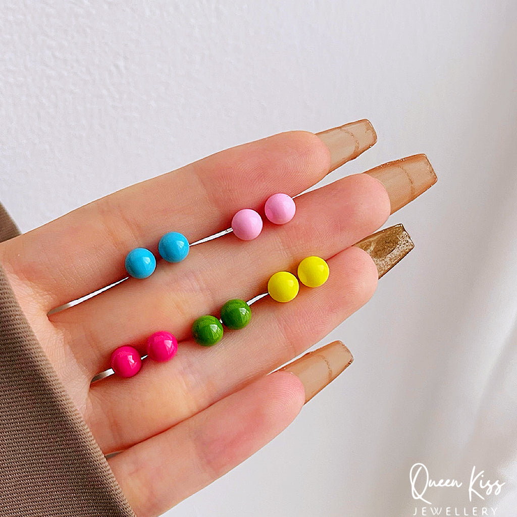 Sterling Silver Candy Bean Round Acrylic Studs Blue Pink Rose Red Green Yellow Stud - Miss Happy Bean!