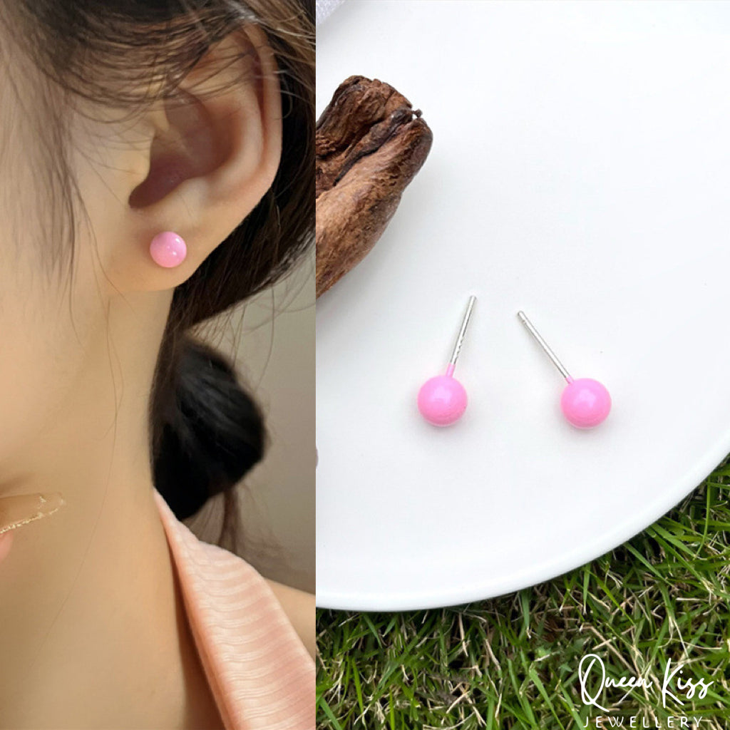 Sterling Silver Candy Bean Round Acrylic Studs Blue Pink Rose Red Green Yellow Stud - Miss Happy Bean!