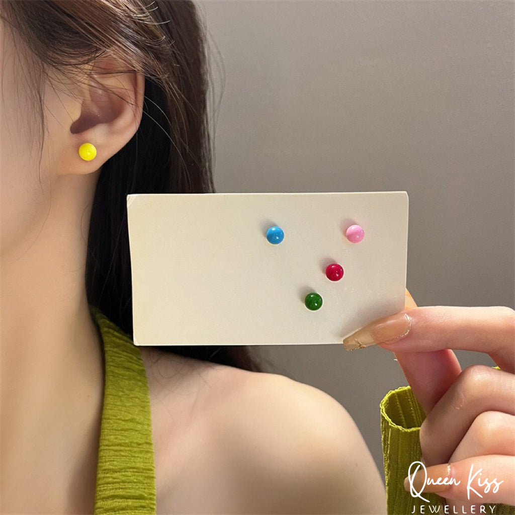 Sterling Silver Candy Bean Round Acrylic Studs Blue Pink Rose Red Green Yellow Stud - Miss Happy Bean!
