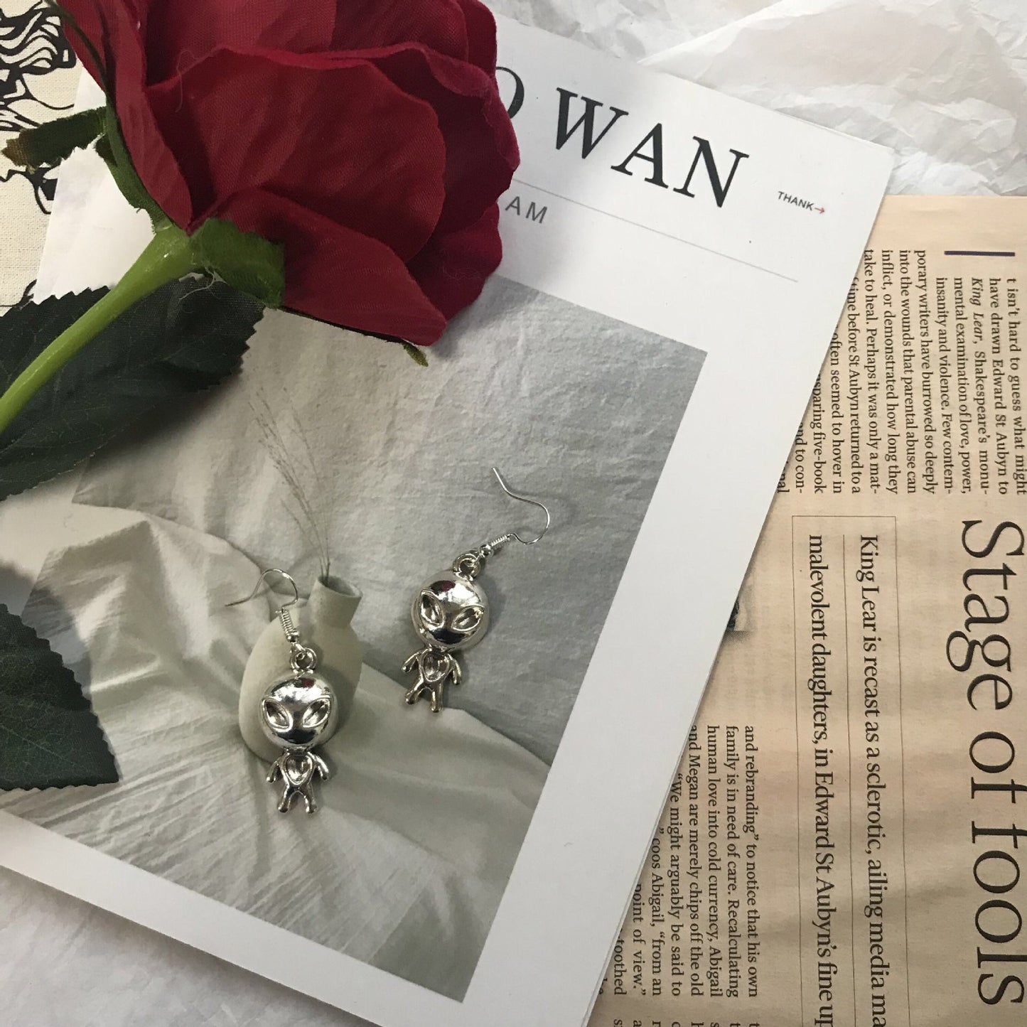 3D Cute Adorable Alien Couple Silver Earrings -- Welcome to my planet!!