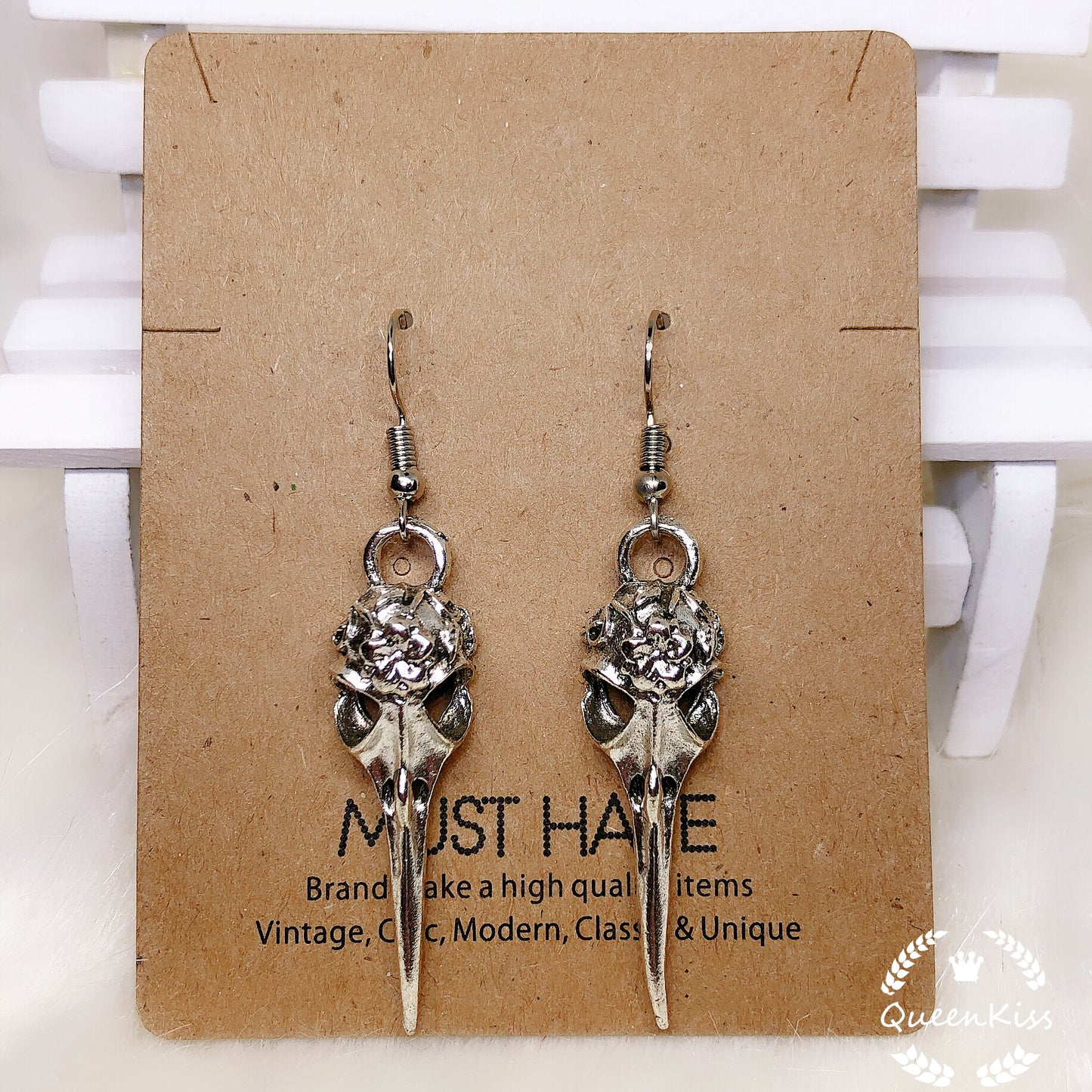 Cool Bird Skeleton Head Silver Earrings for Boyfriend Girlfriend Best friend Her Him -- Born in Stone Age!!