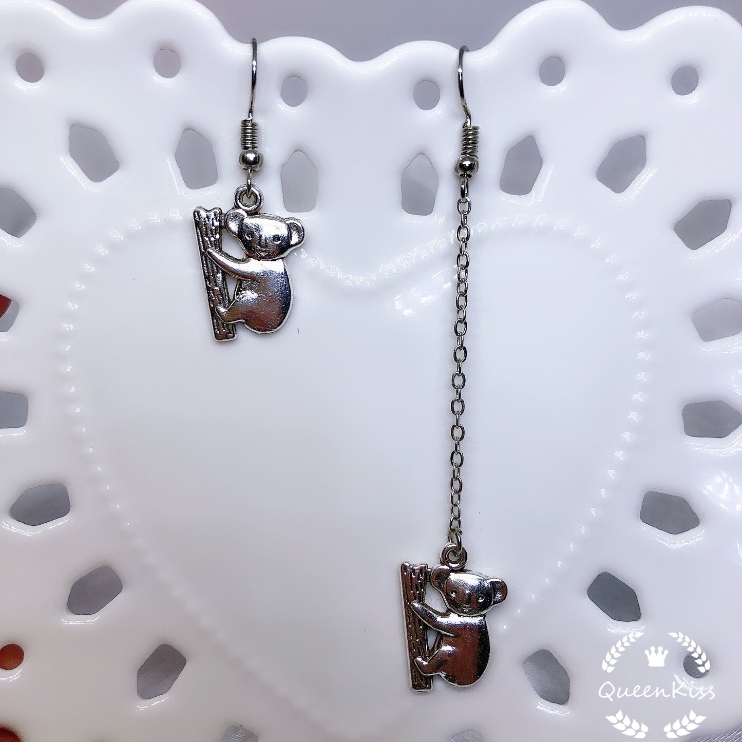 Cute Australian Koala Couple Buddy Climbing Tree Asymmetric Silver Earrings -- Aussie Buddy!!