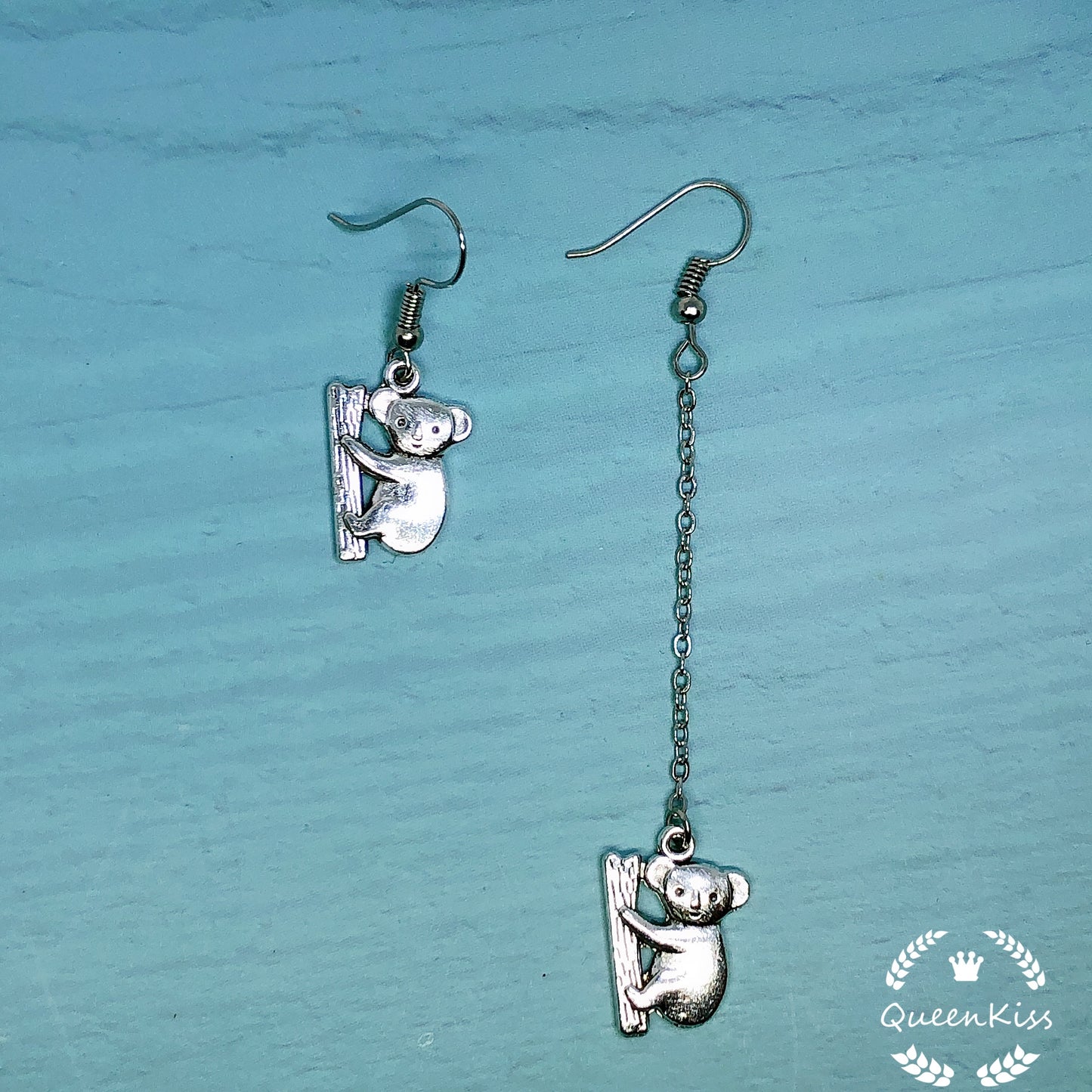 Cute Australian Koala Couple Buddy Climbing Tree Asymmetric Silver Earrings -- Aussie Buddy!!