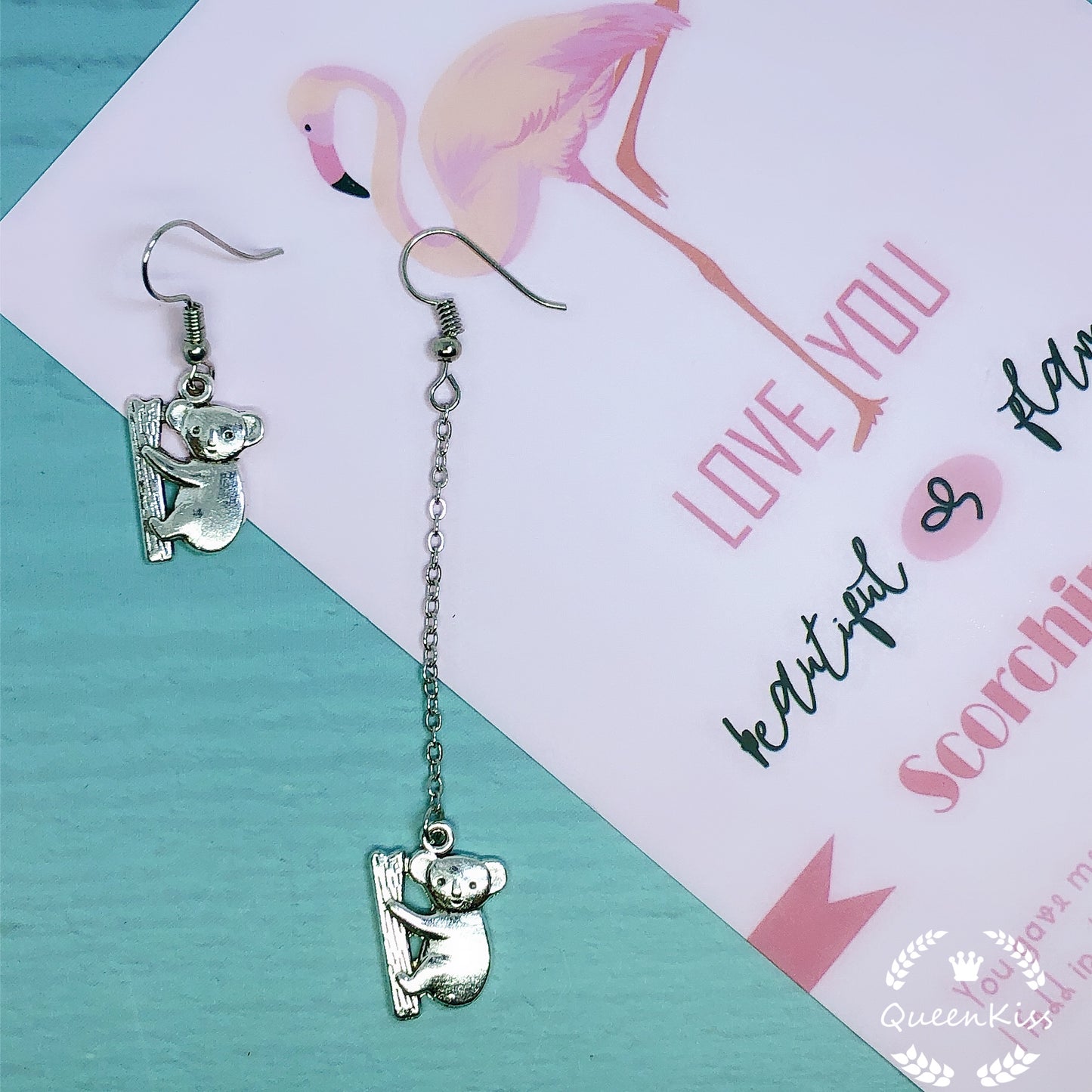 Cute Australian Koala Couple Buddy Climbing Tree Asymmetric Silver Earrings -- Aussie Buddy!!
