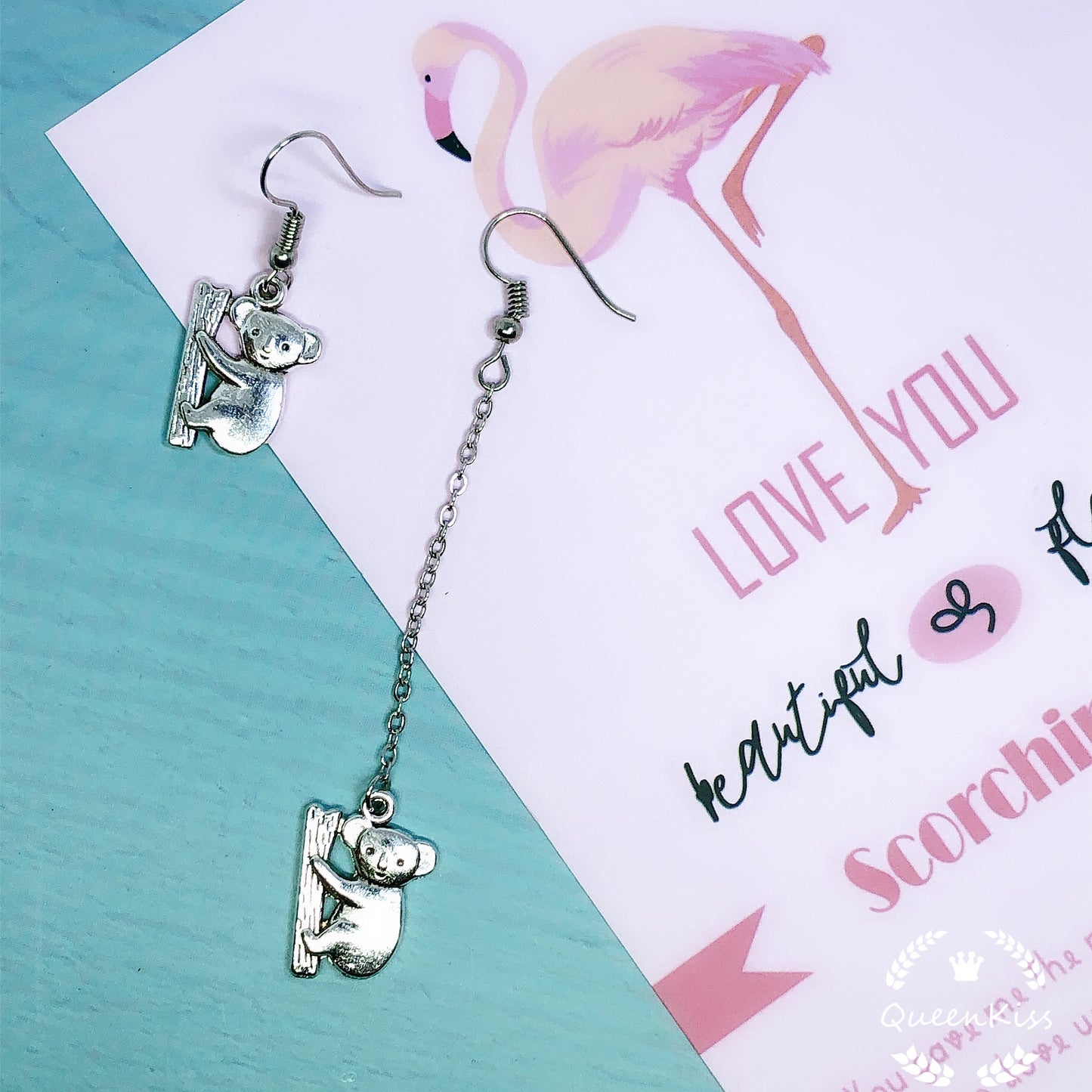 Cute Australian Koala Couple Buddy Climbing Tree Asymmetric Silver Earrings -- Aussie Buddy!!