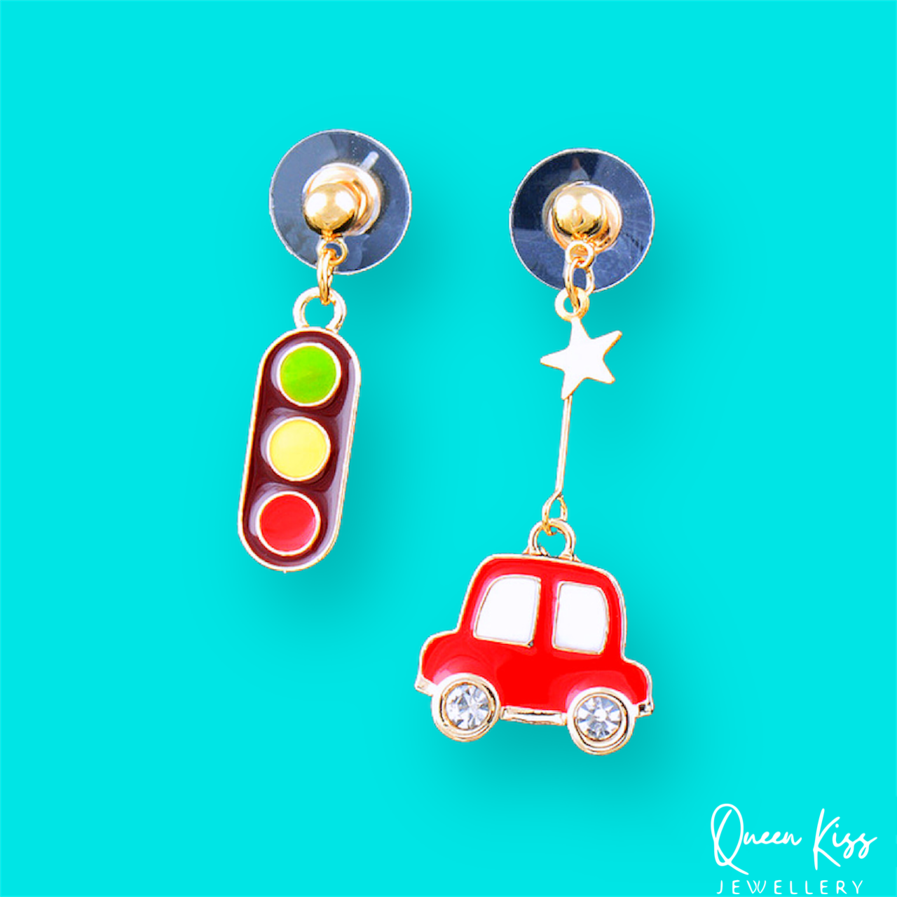 Enamel Adorable Red Little Car and Traffic Light Light Earrings -- City Life!!