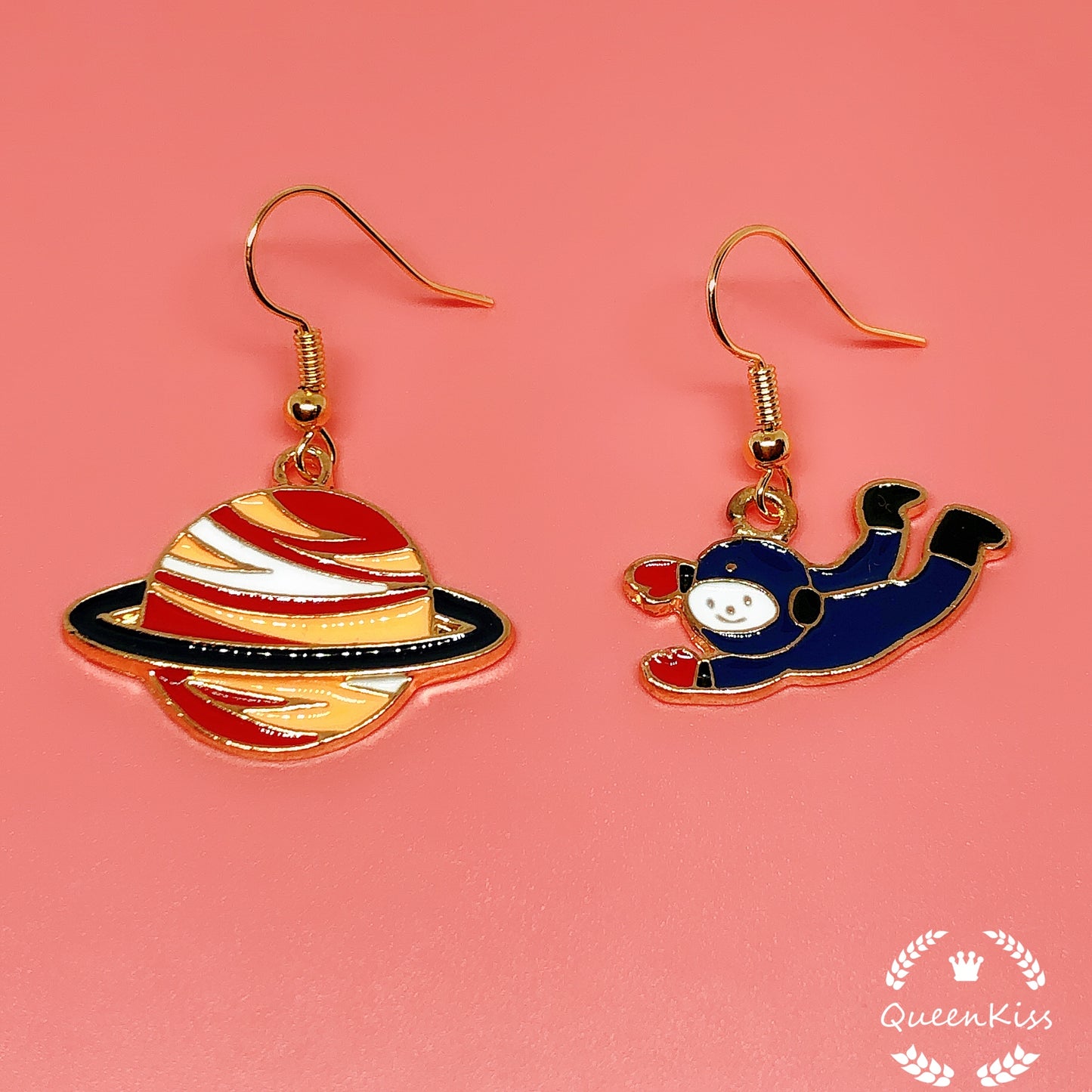 Cute Adorable Spaceman and Universe Rosegold Earring -- Hugging Game!!