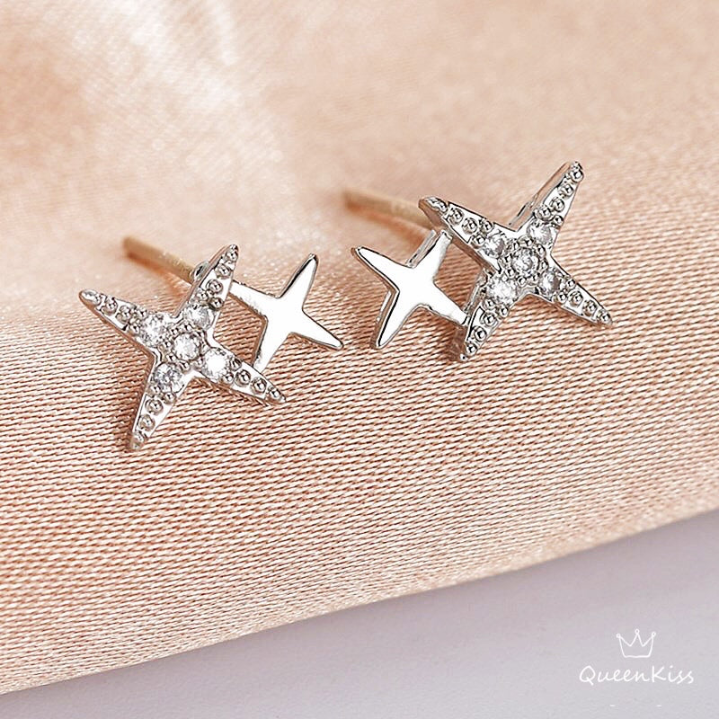 Sterling Silver 925 Stud Earrings Cute Dazzling Twin Stars Stud Earrings Modern Studs Minimal Stud Earrings Gift for her