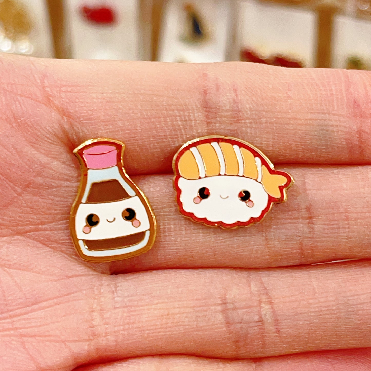 Handmade Japanese Style Sushi Mate and Soy Source Gold Plated Earrings