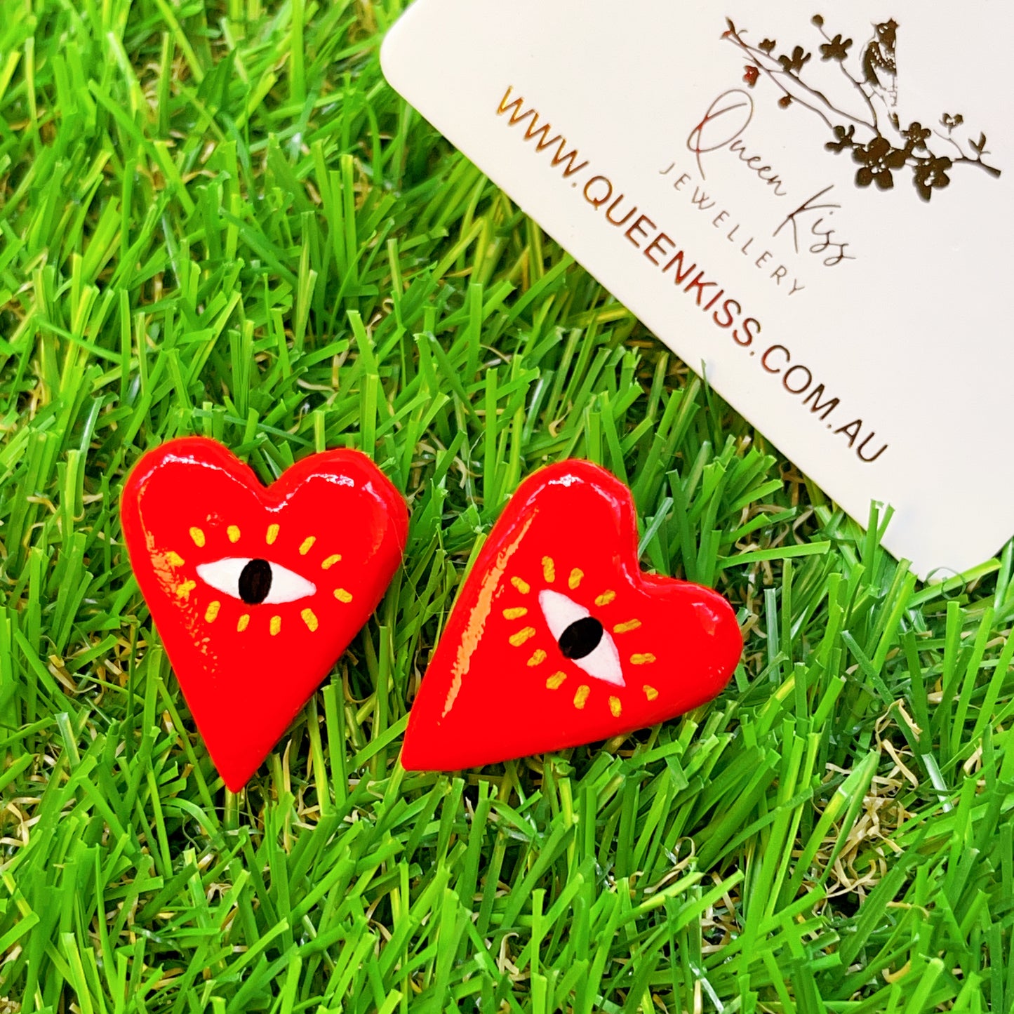 Handmade Cute Love Red Heart And Eyes Clay Earrings