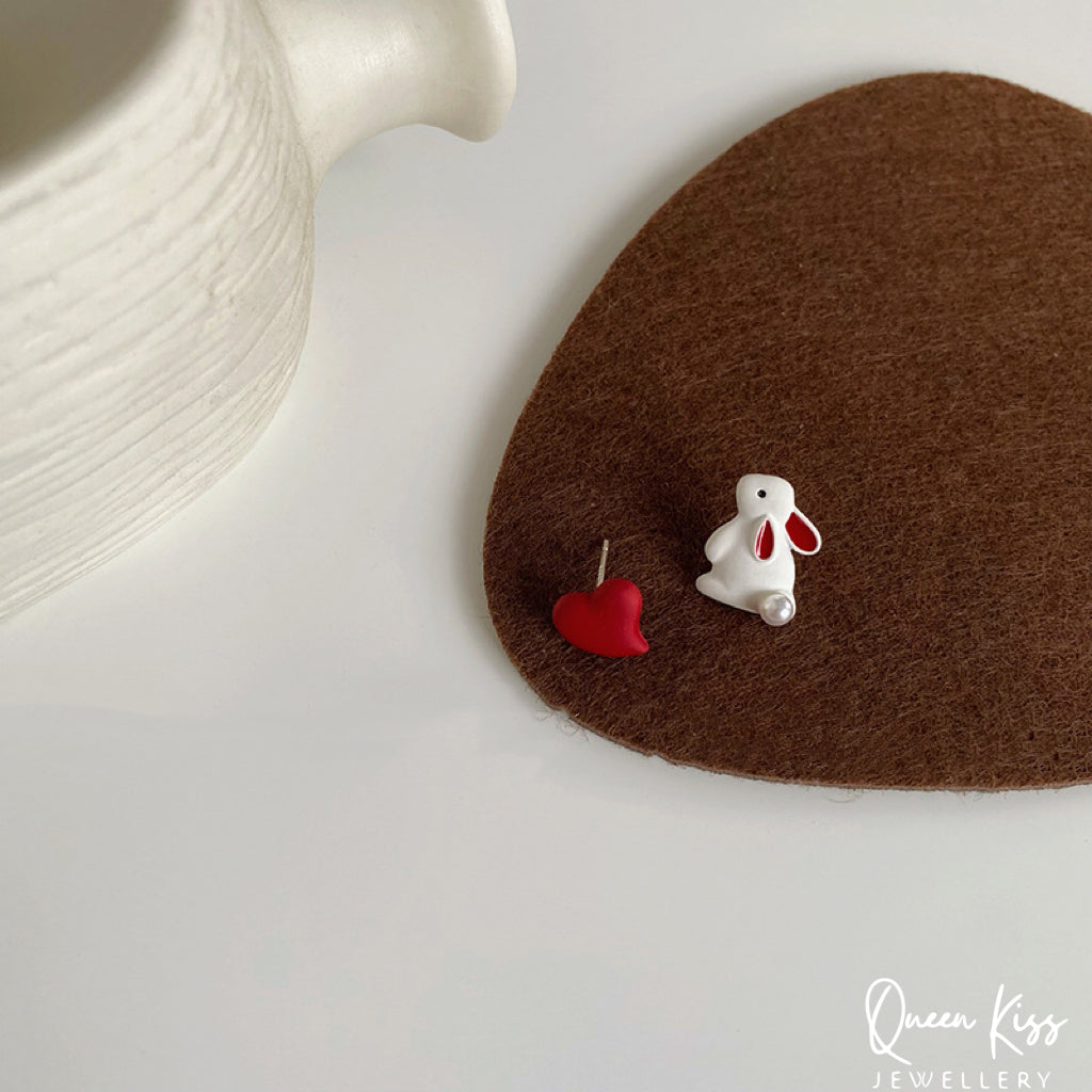 Cute Adorable Rabbit Bunny Red Heart Stud Earrings Gift for her
