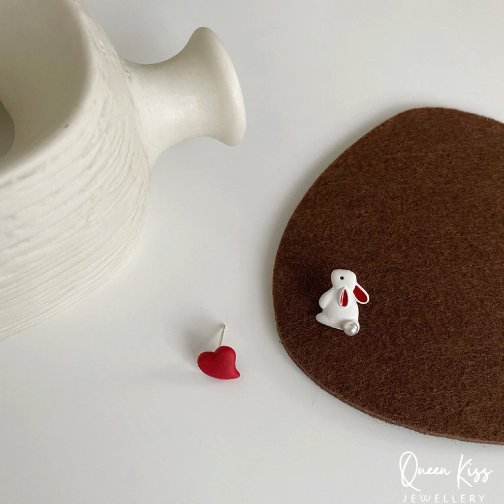 Cute Adorable Rabbit Bunny Red Heart Stud Earrings Gift for her