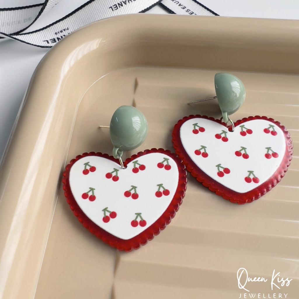 Cute Adorable Light Trendy Red Heart Shape and Cherry Earrings - Sweet Babe!!