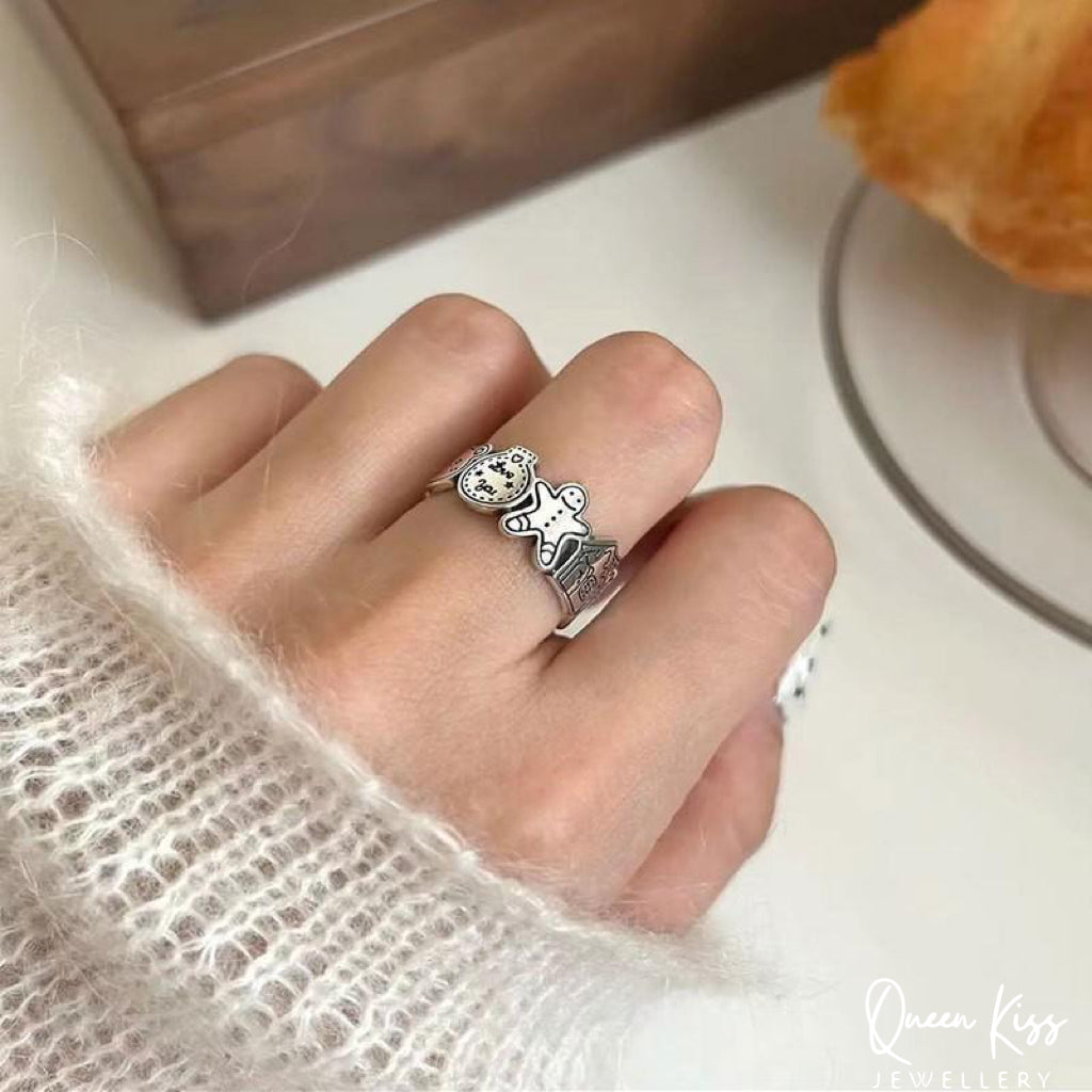 S925 Sterling Silver Vintage Adorable Story Time Ginger Bread Man and The House Ring Adjustable Silver Ring