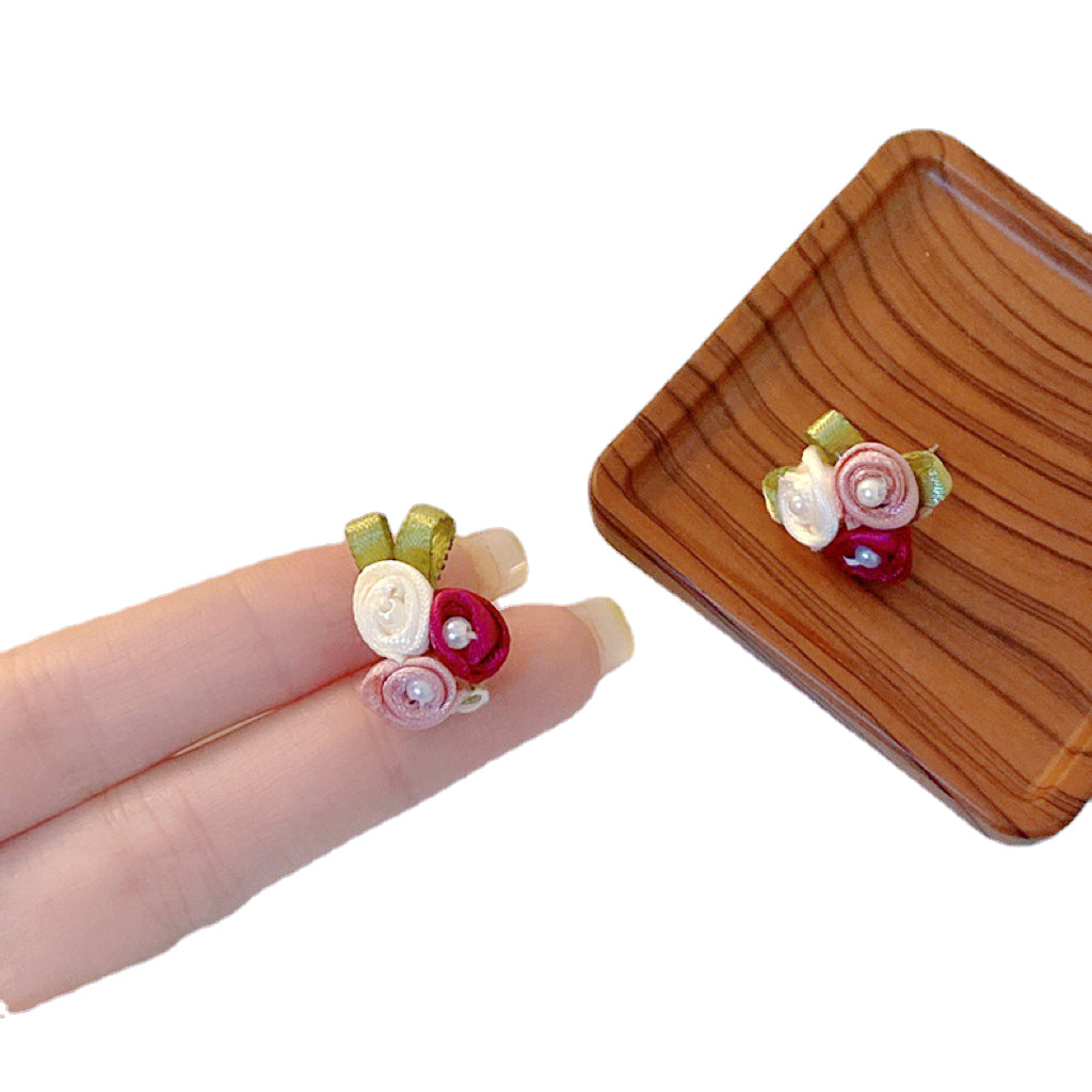 Red Pink White Flowers Green Leaves Stud Earrings -- Little Fairy Lady!!