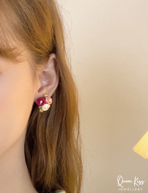 Red Pink White Flowers Green Leaves Stud Earrings -- Little Fairy Lady!!