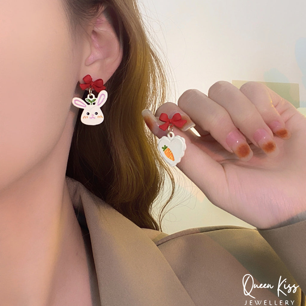 Super Cute Bunny Rabbit and Its Carrot Red Bowknot Love Earrings -- Cutie Babe!!