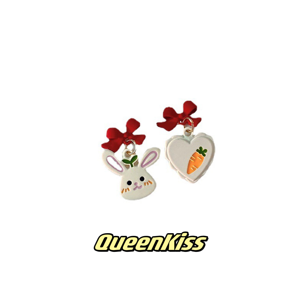 Super Cute Bunny Rabbit and Its Carrot Red Bowknot Love Earrings -- Cutie Babe!!