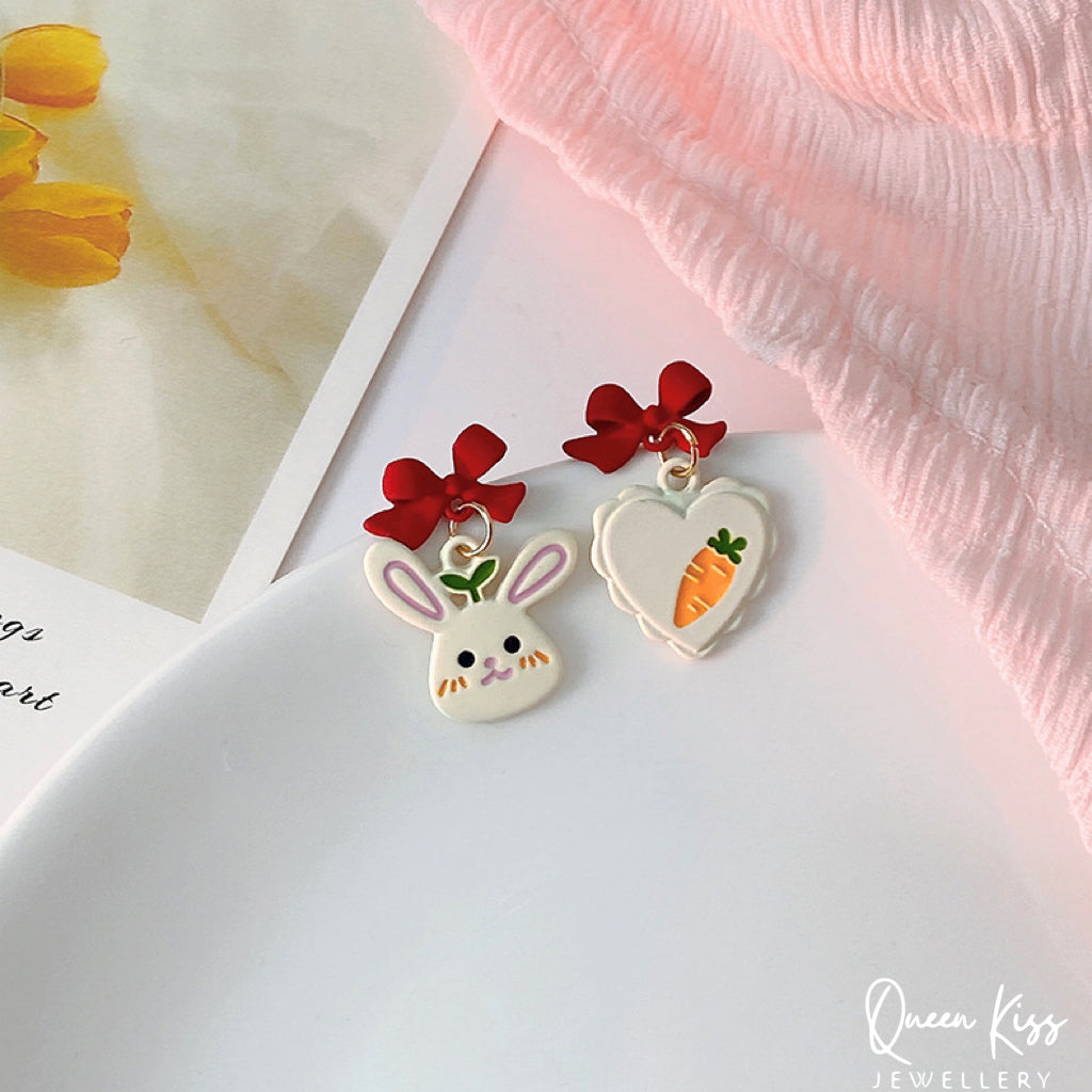 Super Cute Bunny Rabbit and Its Carrot Red Bowknot Love Earrings -- Cutie Babe!!