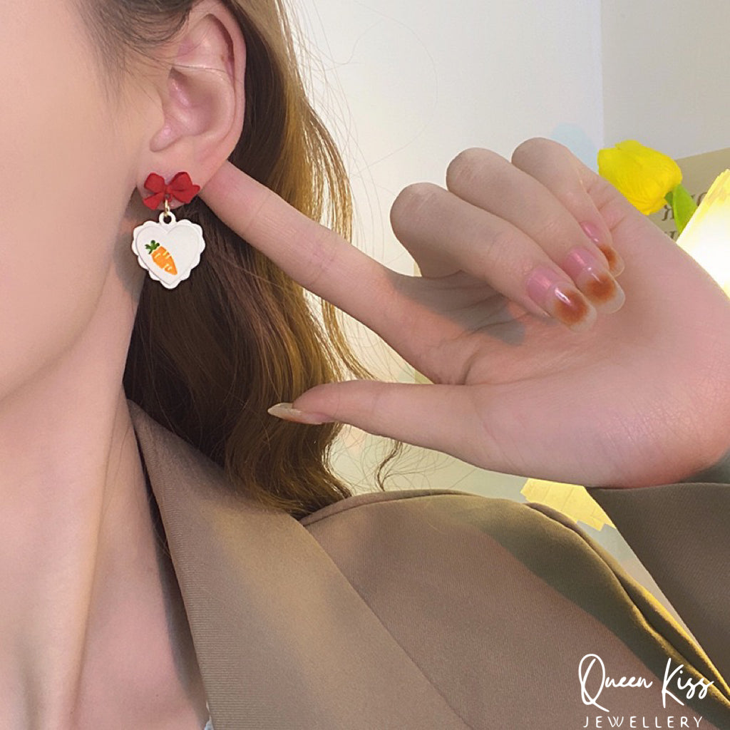 Super Cute Bunny Rabbit and Its Carrot Red Bowknot Love Earrings -- Cutie Babe!!