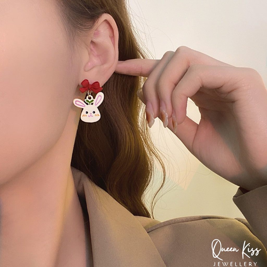 Super Cute Bunny Rabbit and Its Carrot Red Bowknot Love Earrings -- Cutie Babe!!