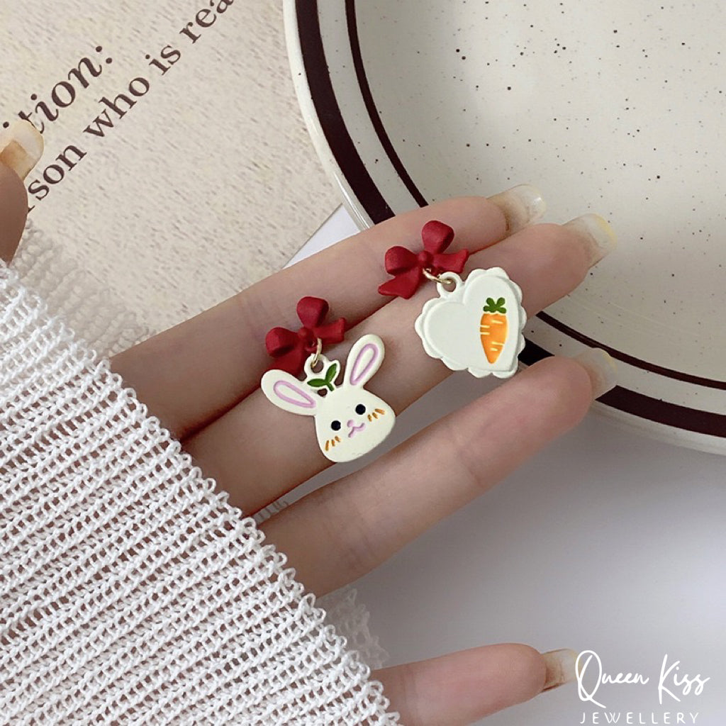 Super Cute Bunny Rabbit and Its Carrot Red Bowknot Love Earrings -- Cutie Babe!!