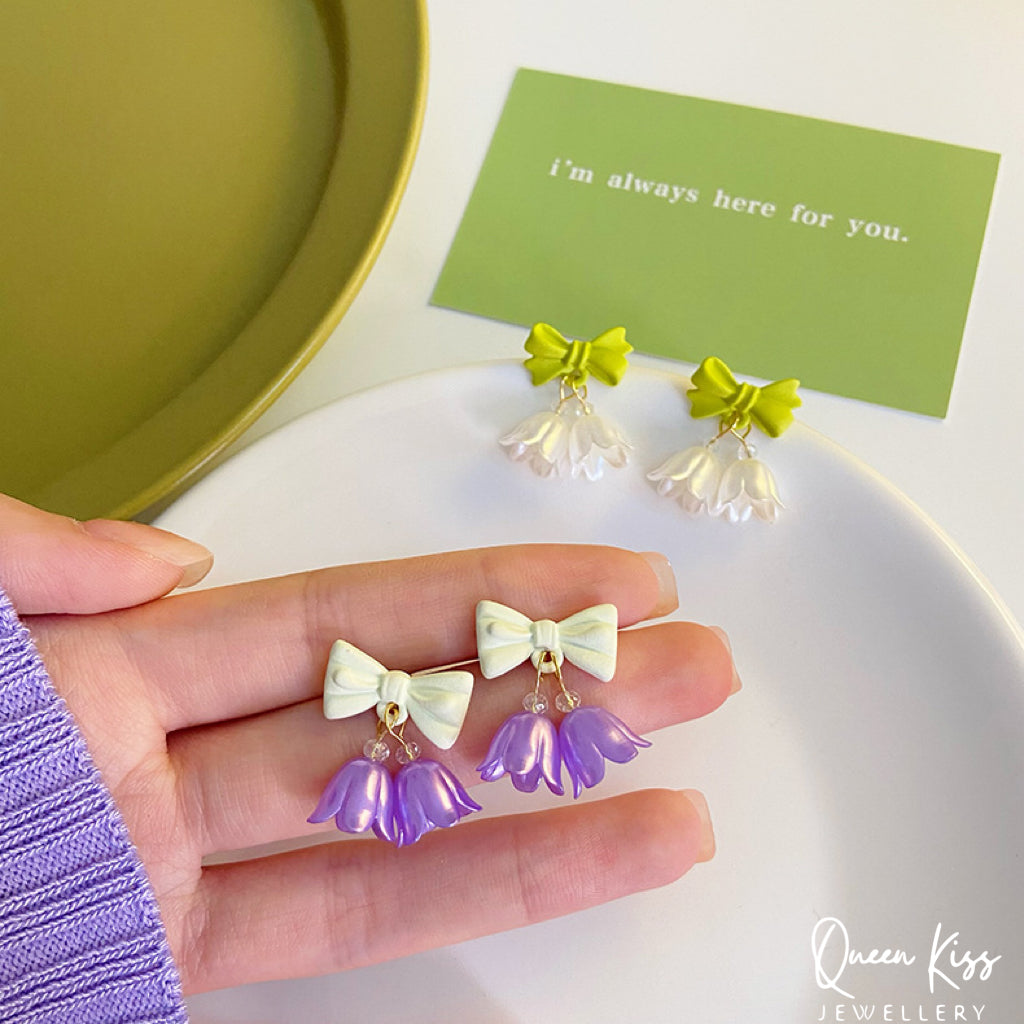 Adorable Cute Purple Green Flowers Green White Bowknot Earrings -- Pretty Flowers!!