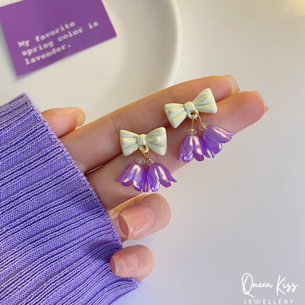 Adorable Cute Purple Green Flowers Green White Bowknot Earrings -- Pretty Flowers!!