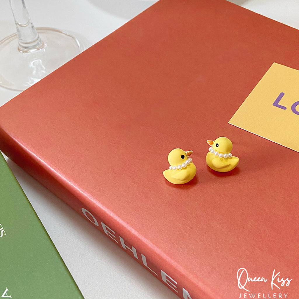 Cute Adorable Fun Yellow Duck with Pearl Studs Earrings -- Quack Quack Baby!!