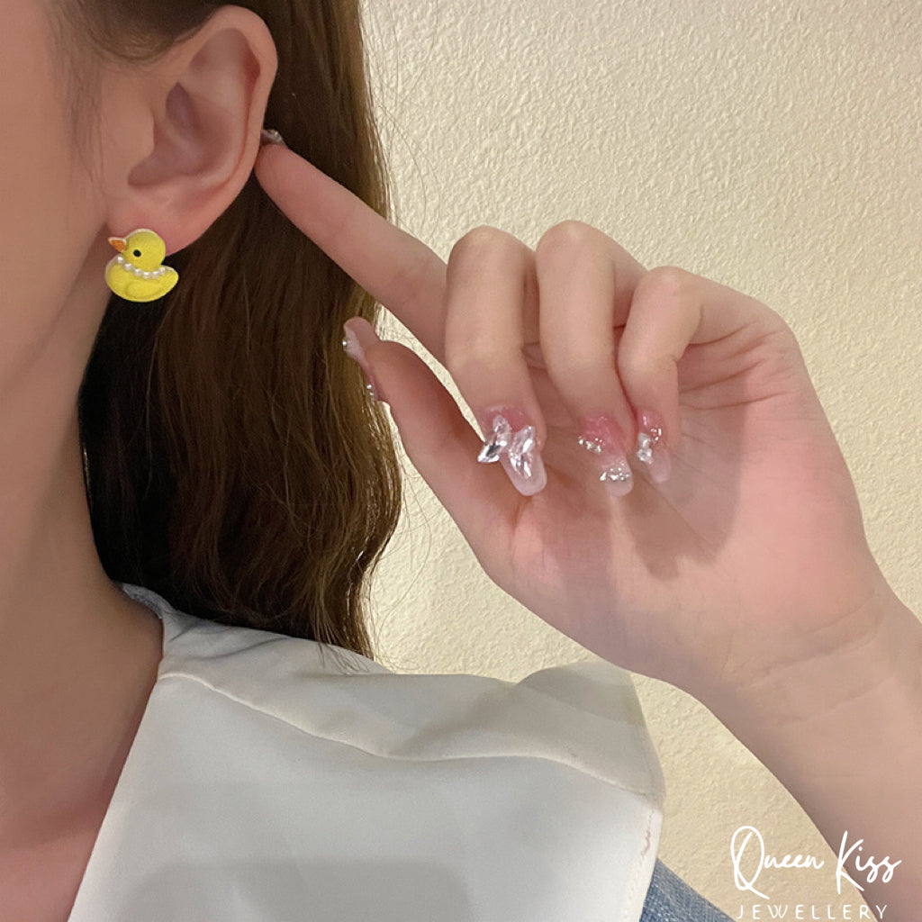 Cute Adorable Fun Yellow Duck with Pearl Studs Earrings -- Quack Quack Baby!!