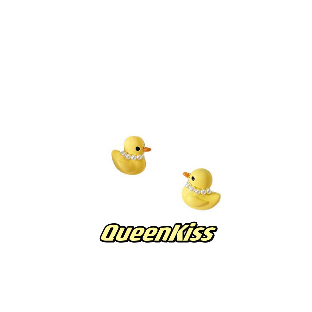 Cute Adorable Fun Yellow Duck with Pearl Studs Earrings -- Quack Quack Baby!!