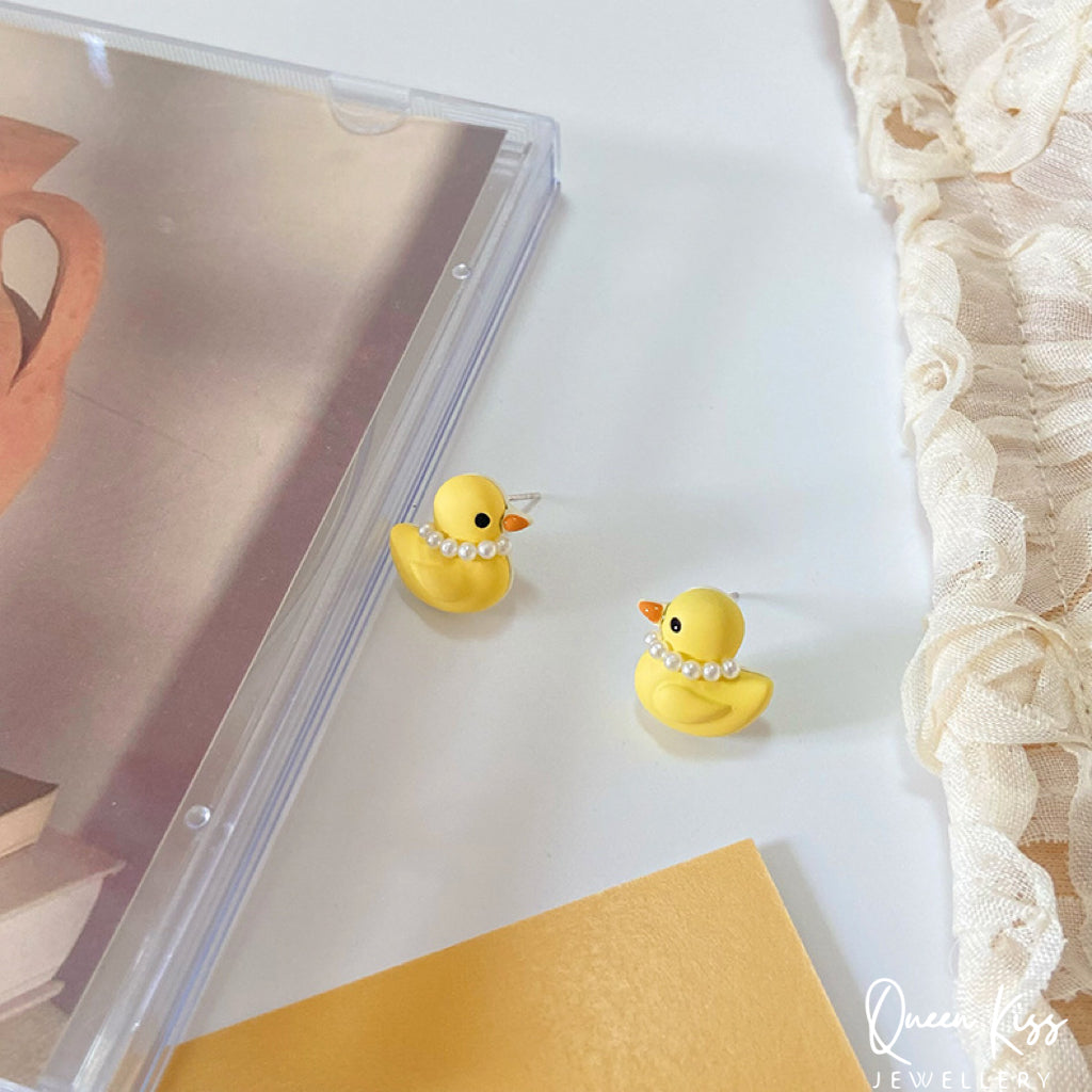 Cute Adorable Fun Yellow Duck with Pearl Studs Earrings -- Quack Quack Baby!!