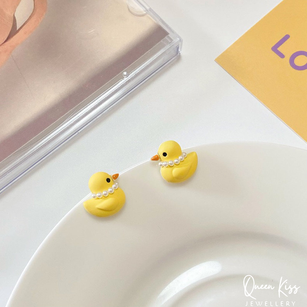 Cute Adorable Fun Yellow Duck with Pearl Studs Earrings -- Quack Quack Baby!!