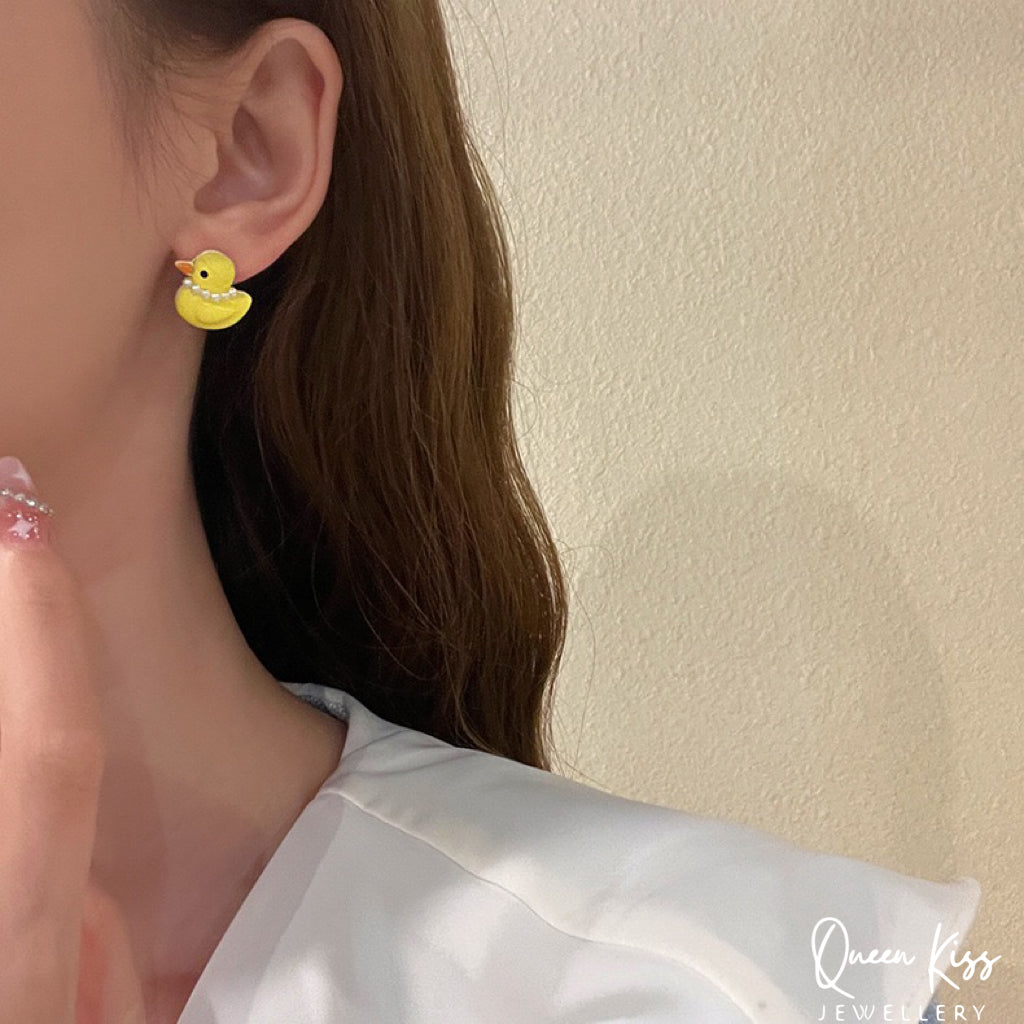 Cute Adorable Fun Yellow Duck with Pearl Studs Earrings -- Quack Quack Baby!!