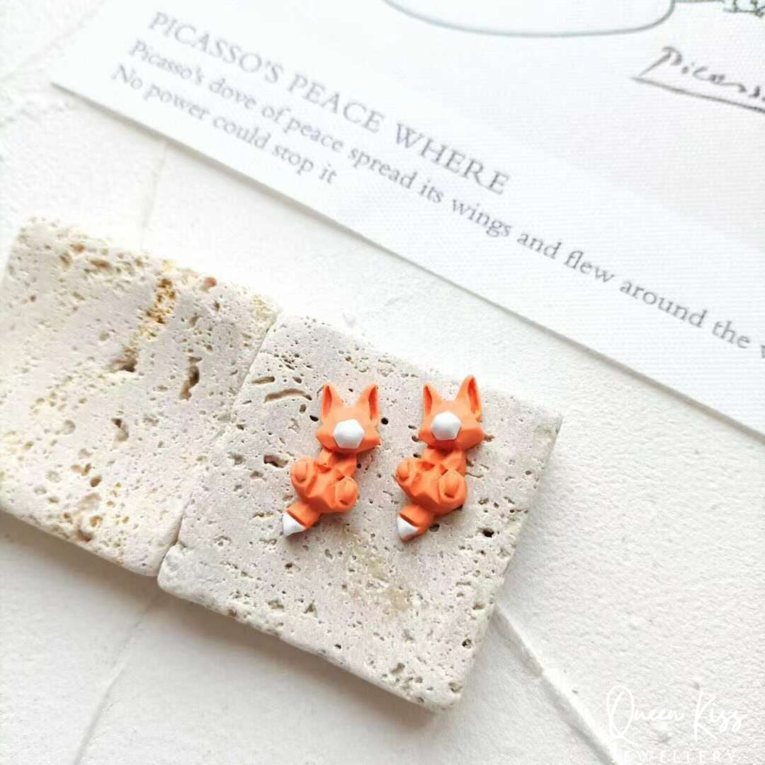 Super Cute LIttle Orange Fox and Pink Bunny Rabbit Stud Earrings -- Hop Hop Hop!!