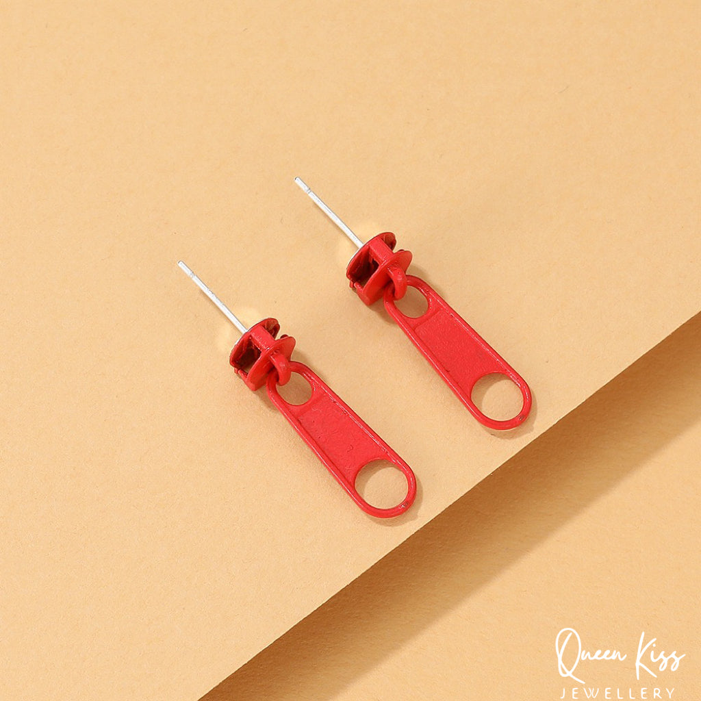 Quirky Cute Adorable Red Orange Pink Green Yellow Black Blue Purple Zip Stud Earrings for Women Men One Pair -- Spotlight !!