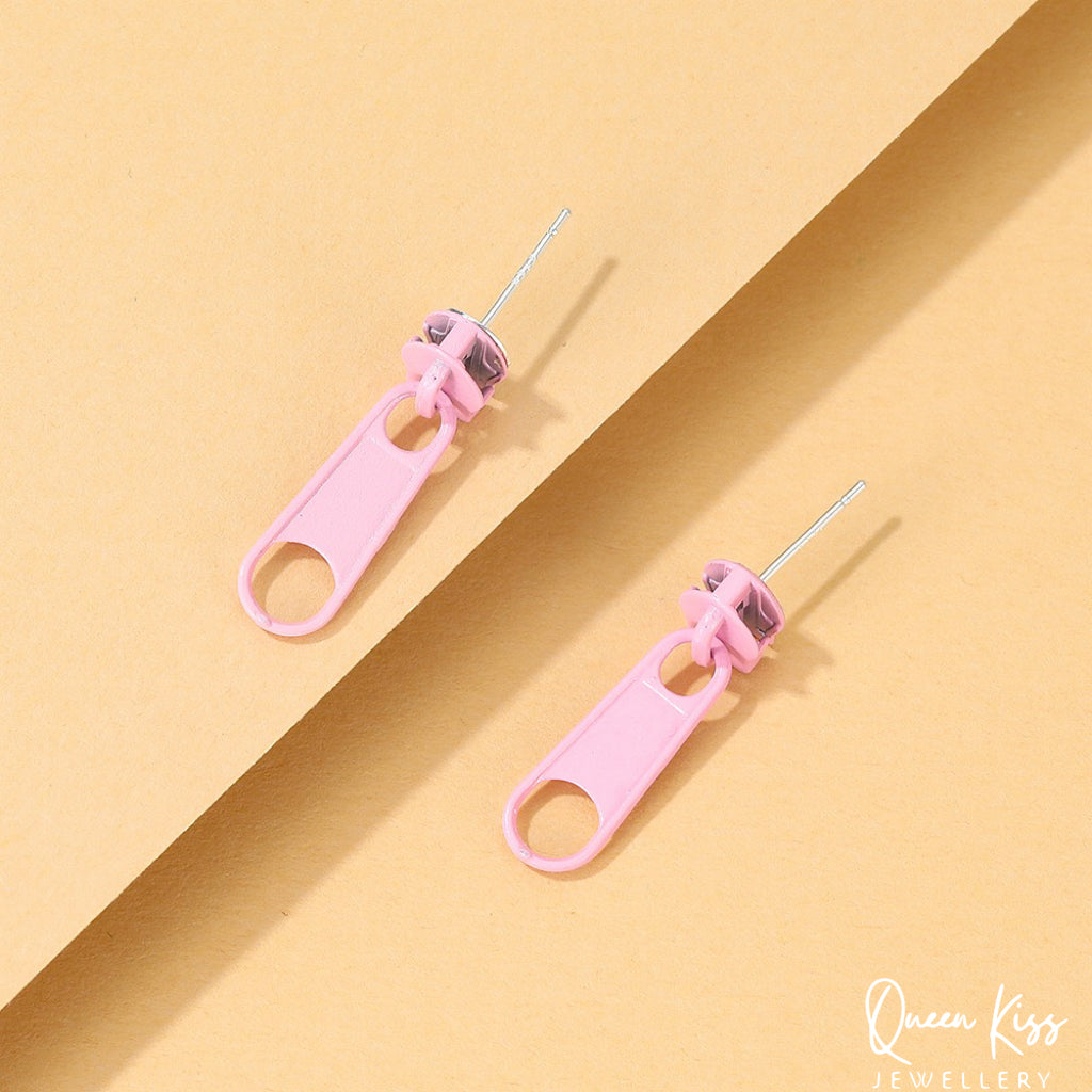Quirky Cute Adorable Red Orange Pink Green Yellow Black Blue Purple Zip Stud Earrings for Women Men One Pair -- Spotlight !!