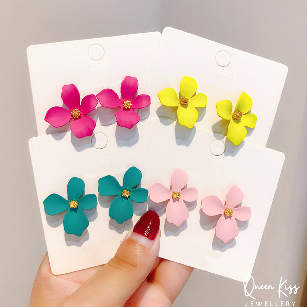 Enamel Matt Cute Adorable Rosered Yellow Turquoise and Pink 3D Flower Floral Studs Earrings -- Sexy Baby!!