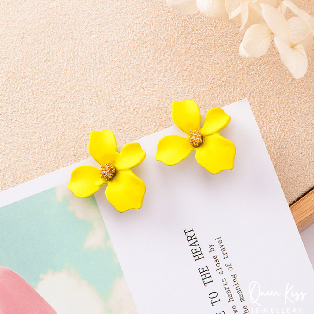 Enamel Matt Cute Adorable Rosered Yellow Turquoise and Pink 3D Flower Floral Studs Earrings -- Sexy Baby!!
