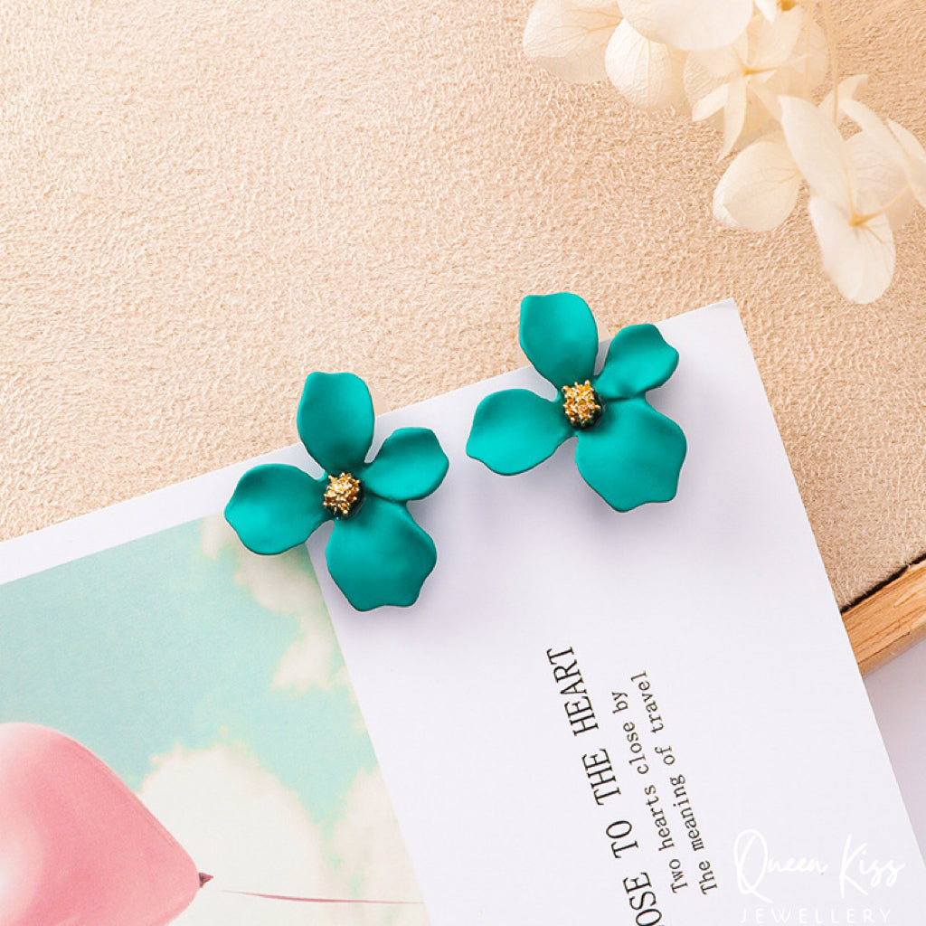 Enamel Matt Cute Adorable Rosered Yellow Turquoise and Pink 3D Flower Floral Studs Earrings -- Sexy Baby!!
