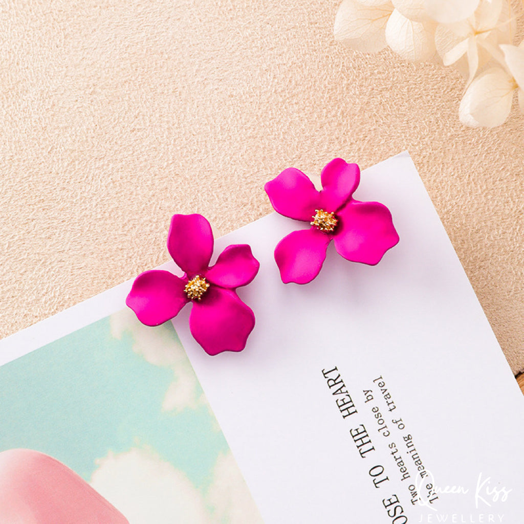 Enamel Matt Cute Adorable Rosered Yellow Turquoise and Pink 3D Flower Floral Studs Earrings -- Sexy Baby!!