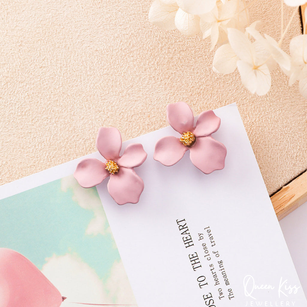 Enamel Matt Cute Adorable Rosered Yellow Turquoise and Pink 3D Flower Floral Studs Earrings -- Sexy Baby!!