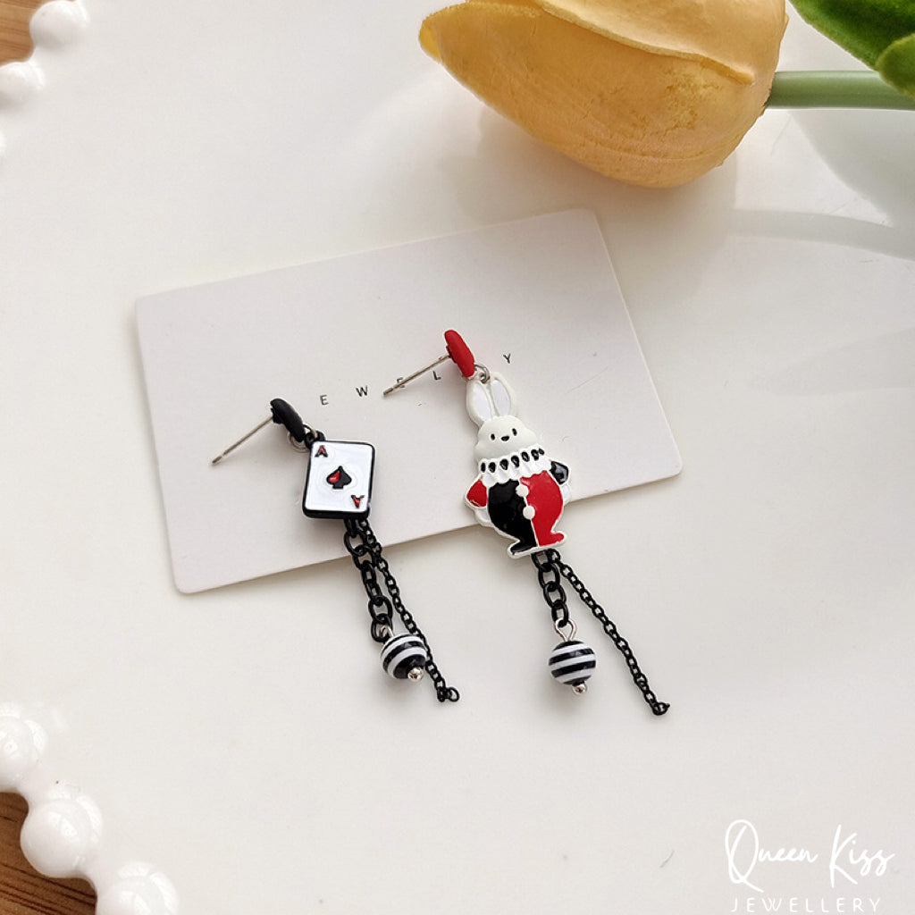 Super Cute Wonderland Rabbit Ace Card Enamelled Earrings -- Hide and Seek!!