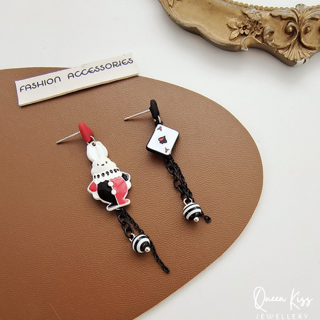 Super Cute Wonderland Rabbit Ace Card Enamelled Earrings -- Hide and Seek!!