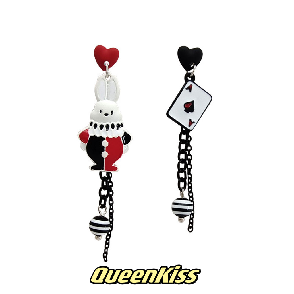 Super Cute Wonderland Rabbit Ace Card Enamelled Earrings -- Hide and Seek!!